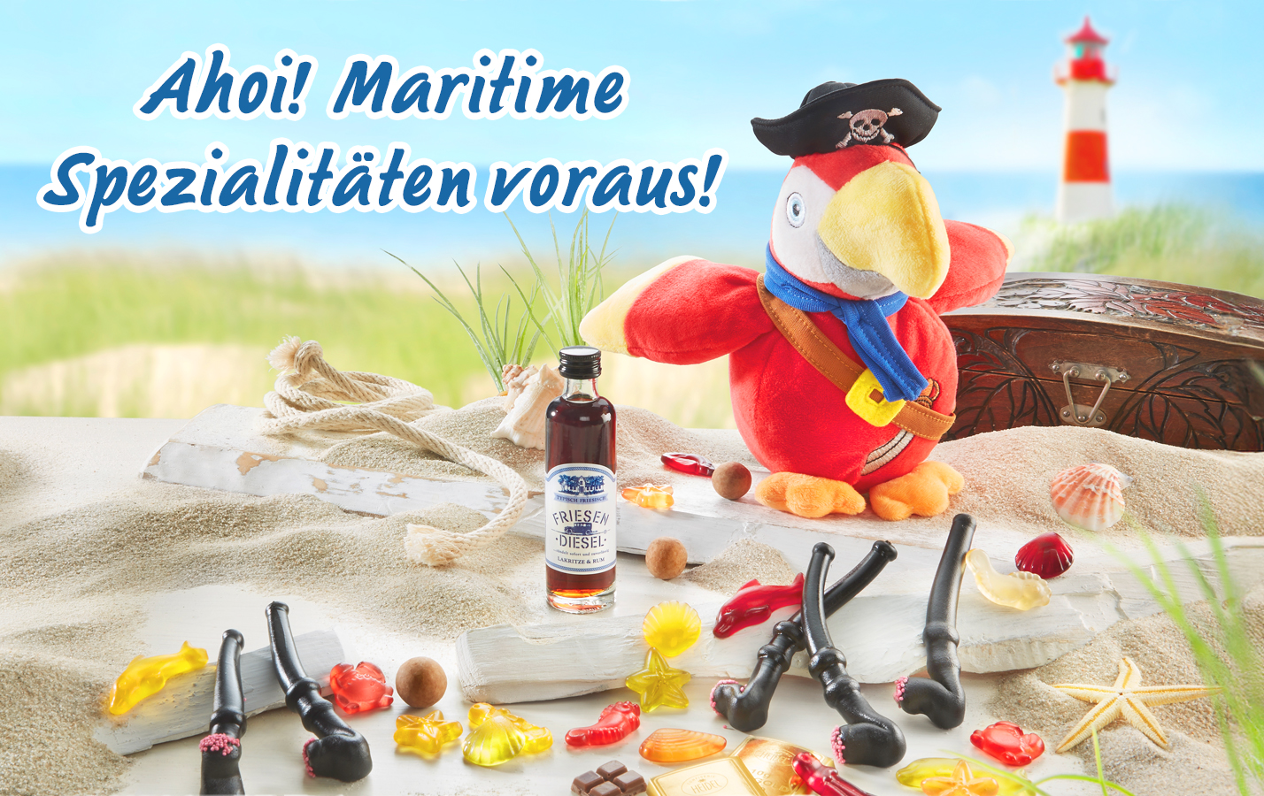 Maritime Süßigkeiten mit Piratenpapagei und Leuchtturm im Hintergrund