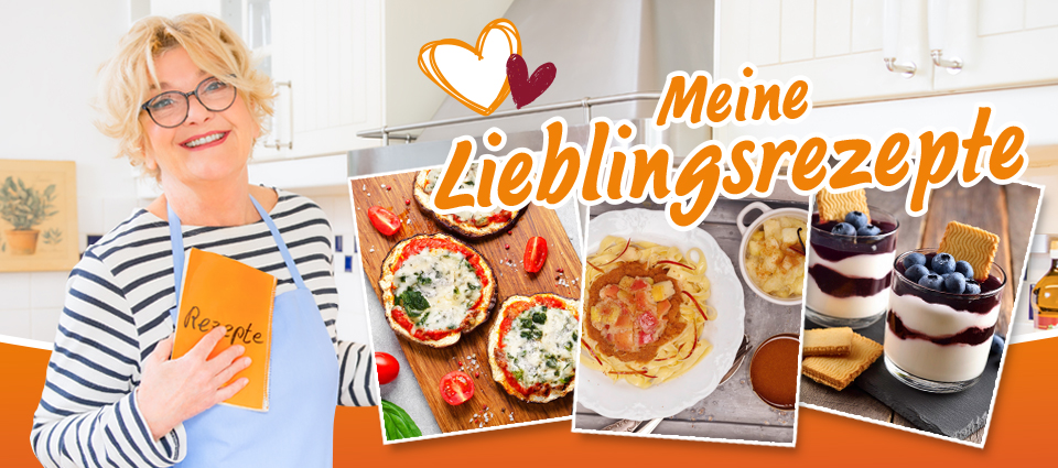 Verschiedene Gerichte und Saskia Vester mit Rezeptbuch in Küche