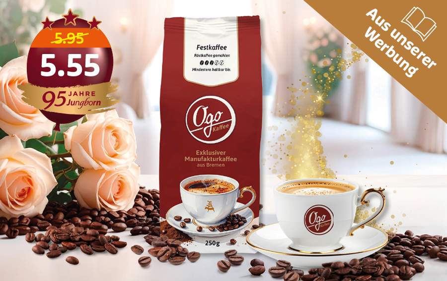 Ogo Kaffee mit Tasse, Bohnen und Rosen zum Angebotspreis