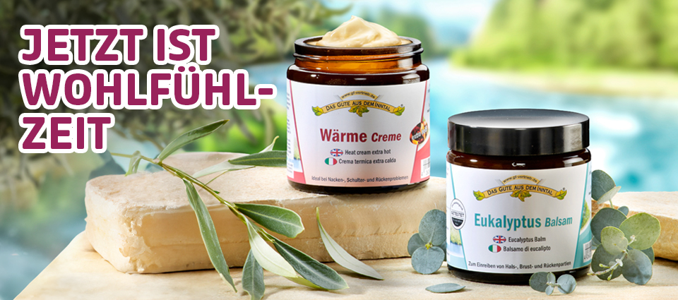 Wärmecreme und Eukalyptus-Balsam in entspannter Naturkulisse