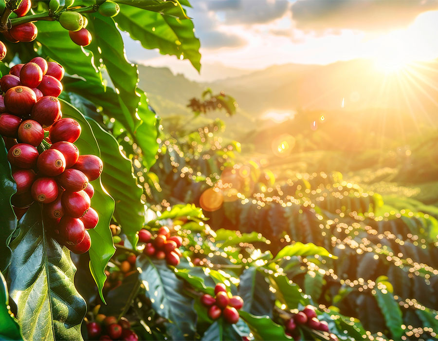 Kaffeepflanze mit reifen roten Kaffeekirschen im Sonnenlicht