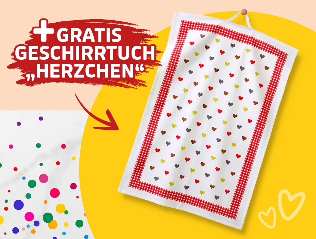 Gratis-Geschirrtuch „Herzchen“ mit buntem Herzmuster und rotem Rand
