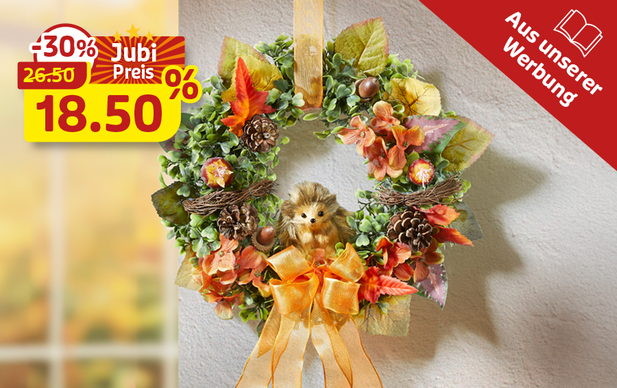 Herbstkranz mit Igel und orangefarbener Schleife zum Jubipreis 18,50 Euro